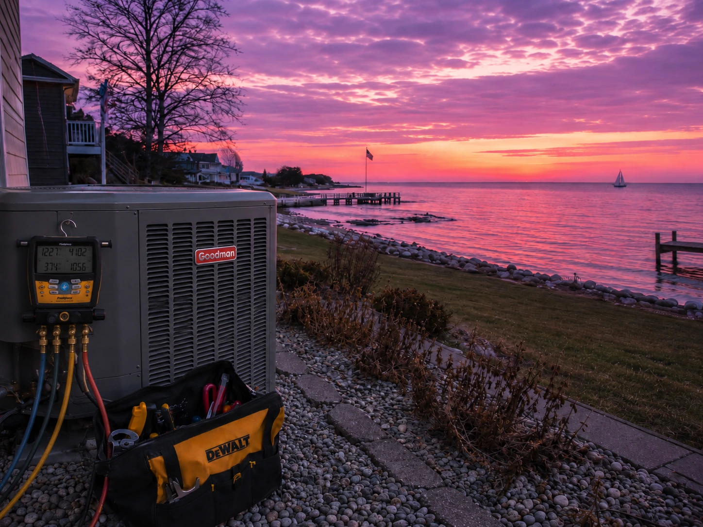 Reference image of HVAC service equipment near a Lake Michigan shoreline at sunset.